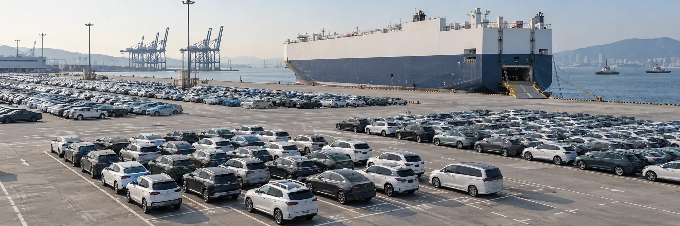 New-energy vehicles at a roll-on/roll-off export terminal
