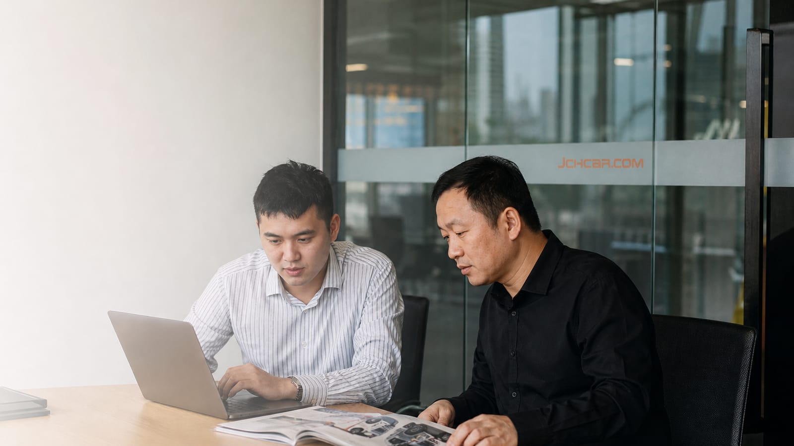 JCHCAR B2B partners meeting in a modern China office for global vehicle trade