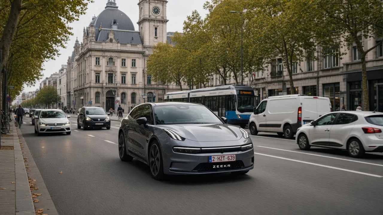 ZEEKR 001 in traffic on a tree-lined avenue in Antwerp