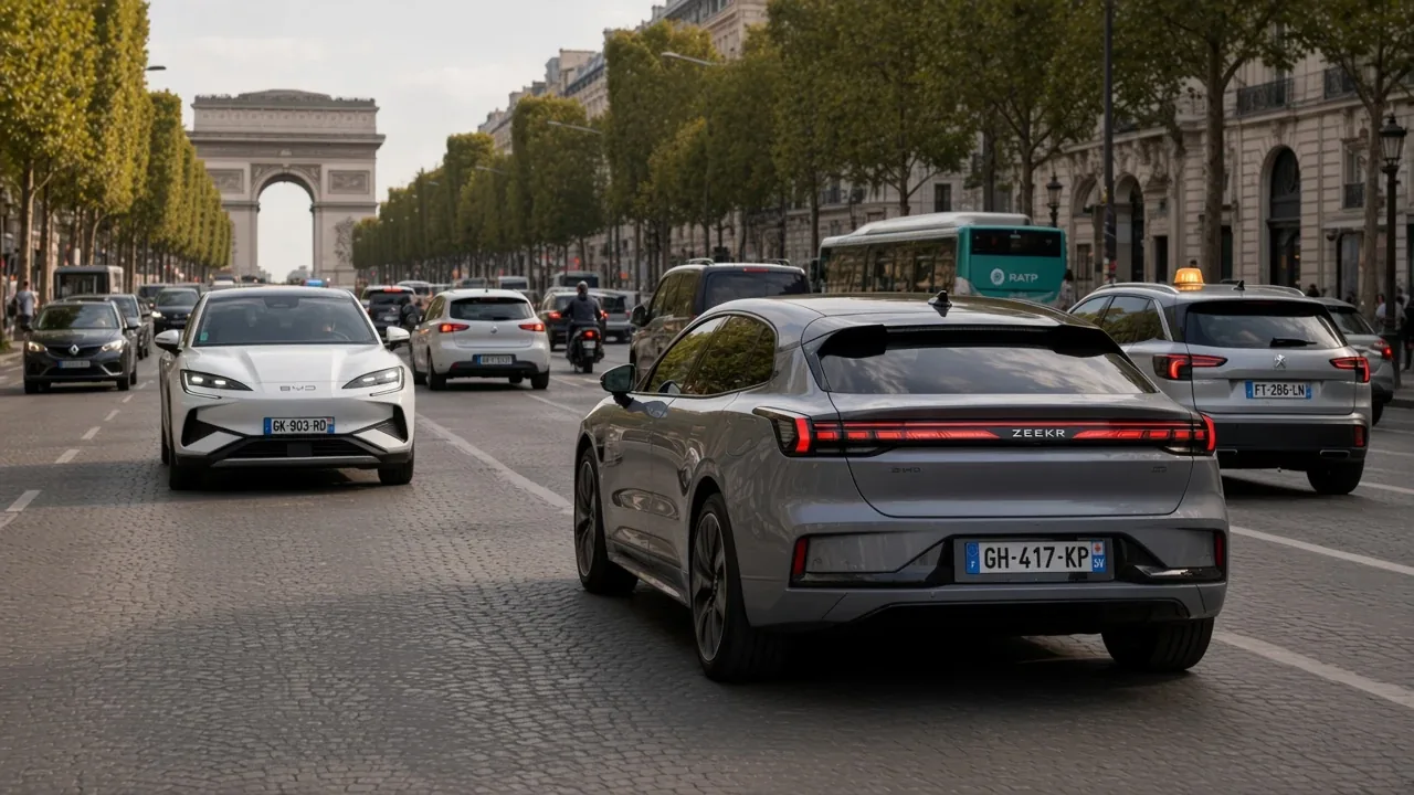 ZEEKR 001 and BYD SEALION 7 in traffic on the Champs-Élysées, Arc de Triomphe ahead