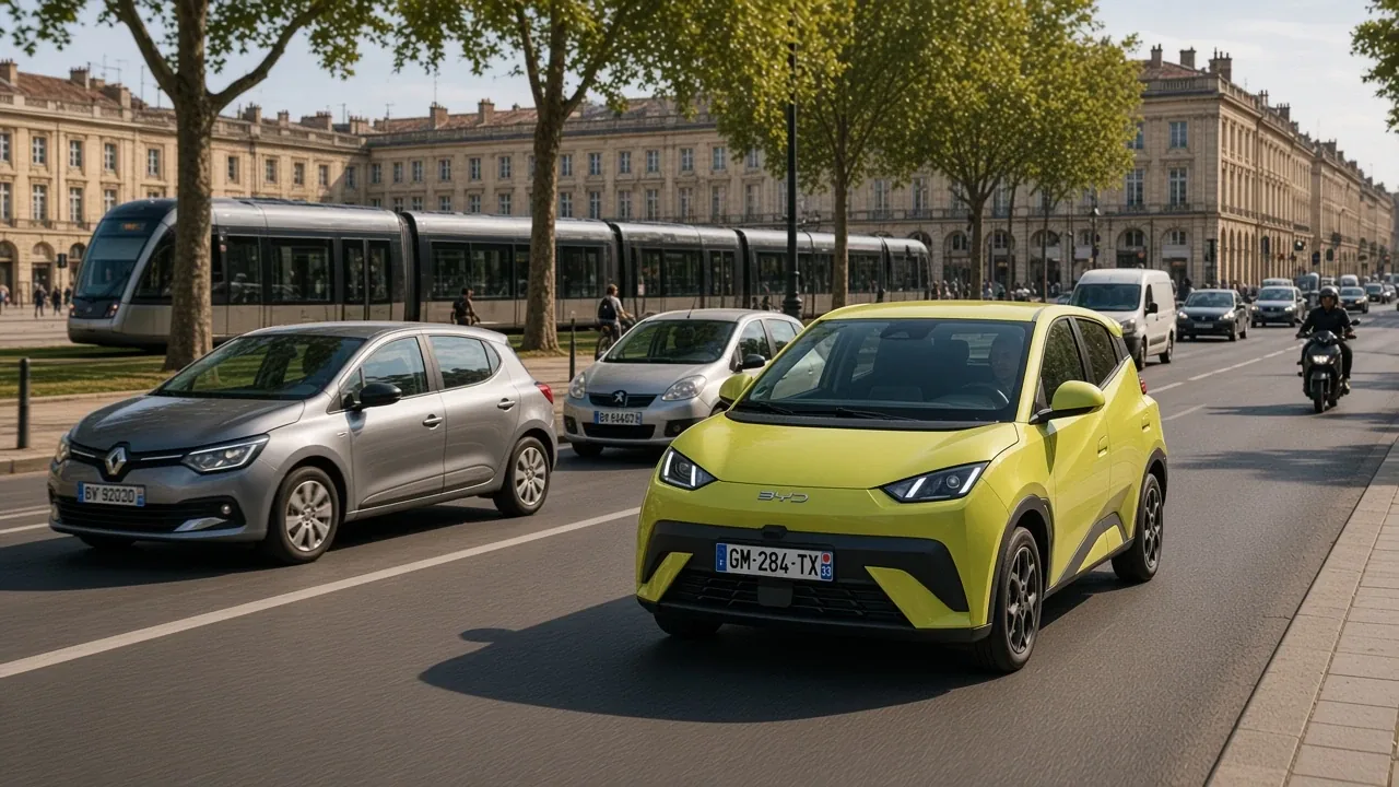 BYD DOLPHIN SURF on the quay by Place de la Bourse in Bordeaux, tram behind