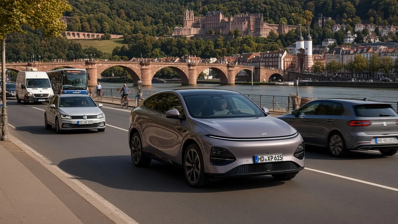 XPENG G6 in traffic on the Neckar riverside road in Heidelberg, Old Bridge and castle behind