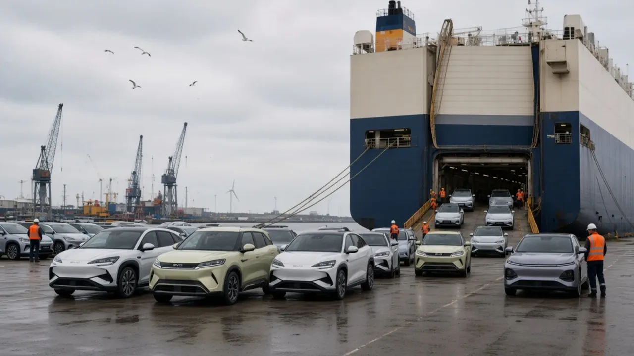 New Chinese cars driving off a car carrier at a North Sea RoRo terminal
