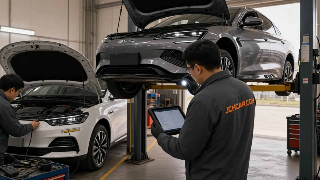 Inspector checking a used BYD on a lift in a vehicle inspection bay in China