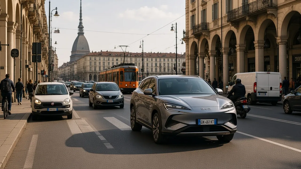BYD SEALION 7 in traffic on Via Po in Turin, Mole Antonelliana behind