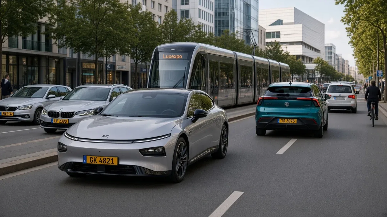 XPENG P7+ and MG4 in traffic on Avenue John F. Kennedy, Kirchberg, Luxembourg