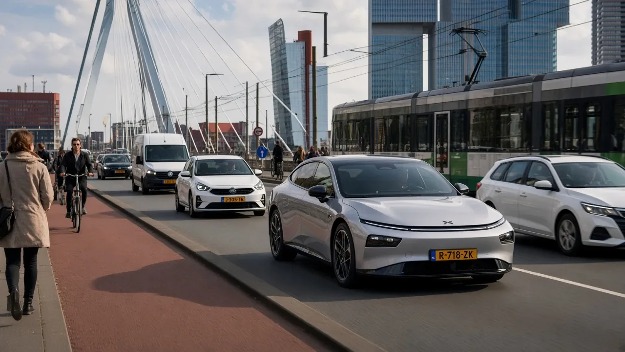 XPENG P7+ in traffic on the Erasmusbrug in Rotterdam