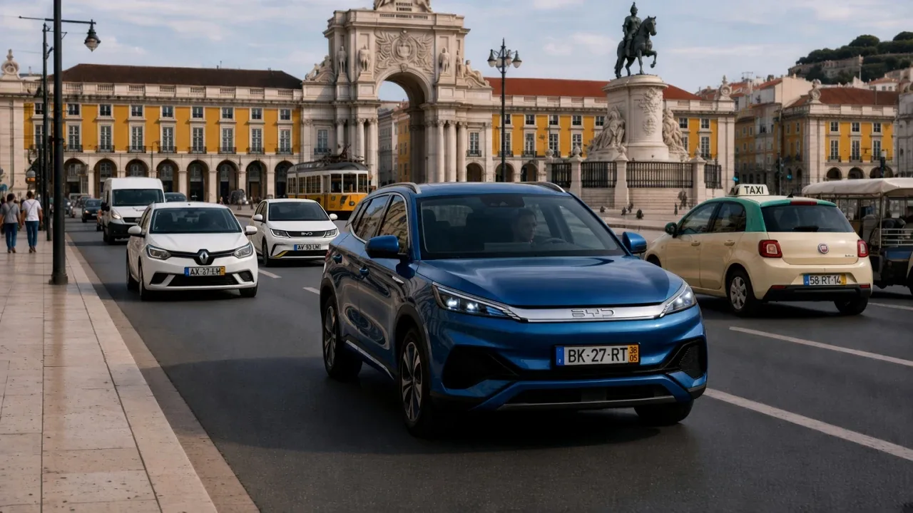 BYD ATTO 3 and BYD DOLPHIN in traffic beside Praça do Comércio, Lisbon