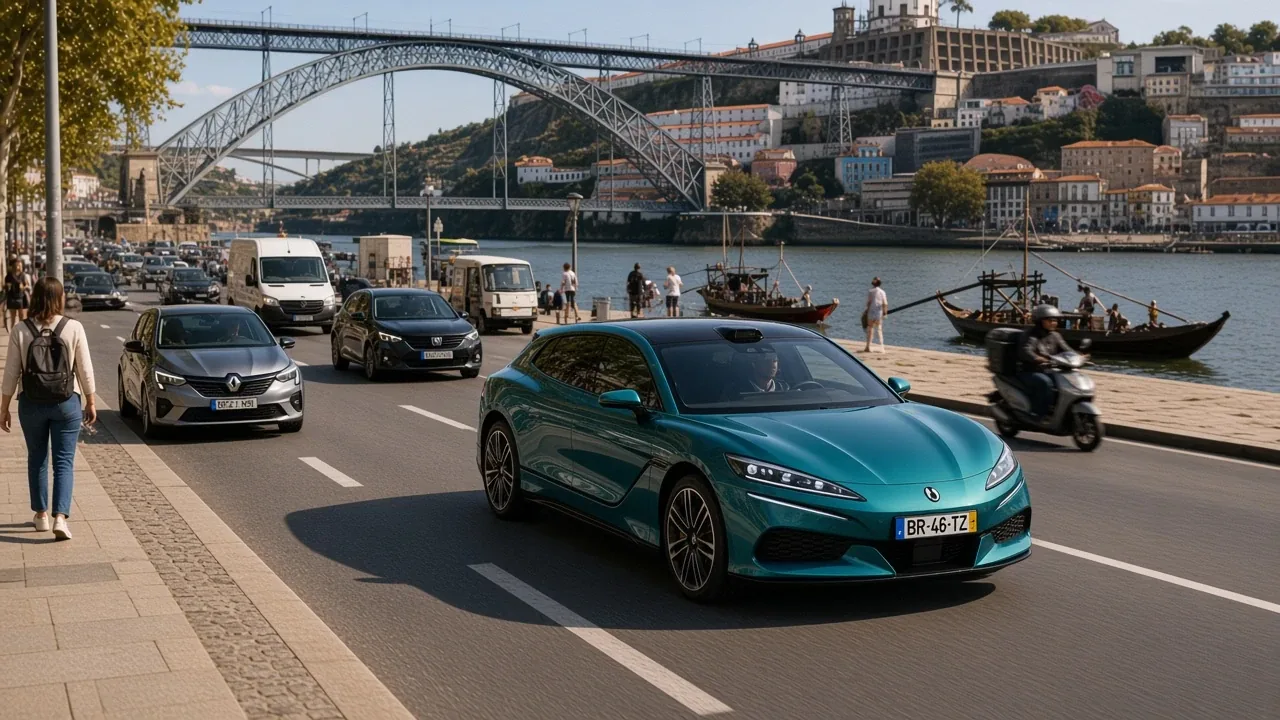 DENZA Z9GT on the Gaia riverside road, Dom Luís I bridge and Porto behind