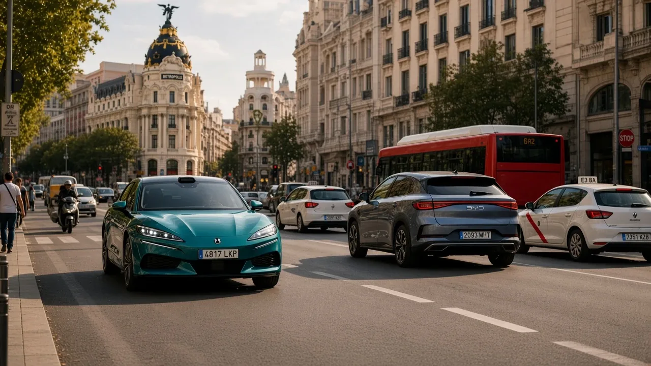 DENZA Z9GT and BYD SEALION 7 in traffic by the Metrópolis building, Madrid