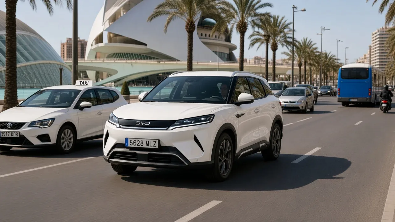 BYD ATTO 2 on the avenue beside the City of Arts and Sciences, Valencia