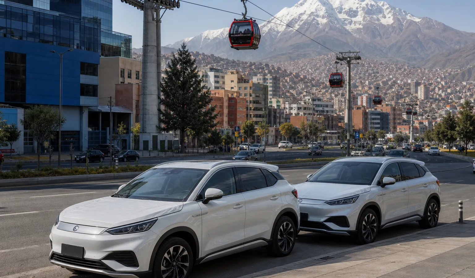 La Paz Bolivia — Mi Teleférico cable cars, Illimani mountain and China export EVs — JCHCAR Bolivia via Chile