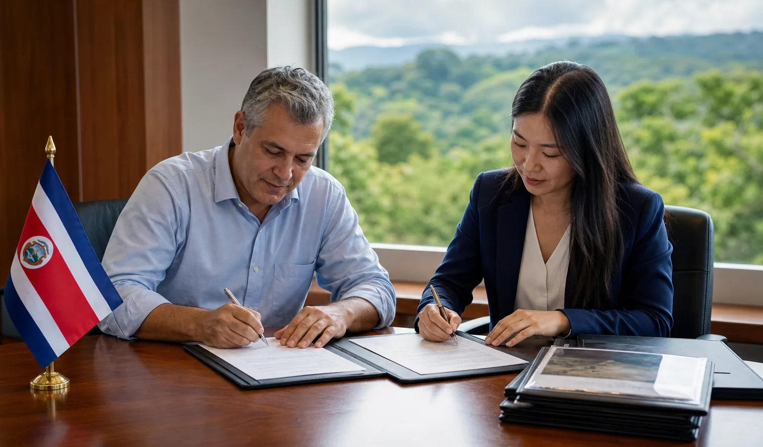 Costa Rican dealer signing export handover with JCHCAR sales rep — San José area reception
