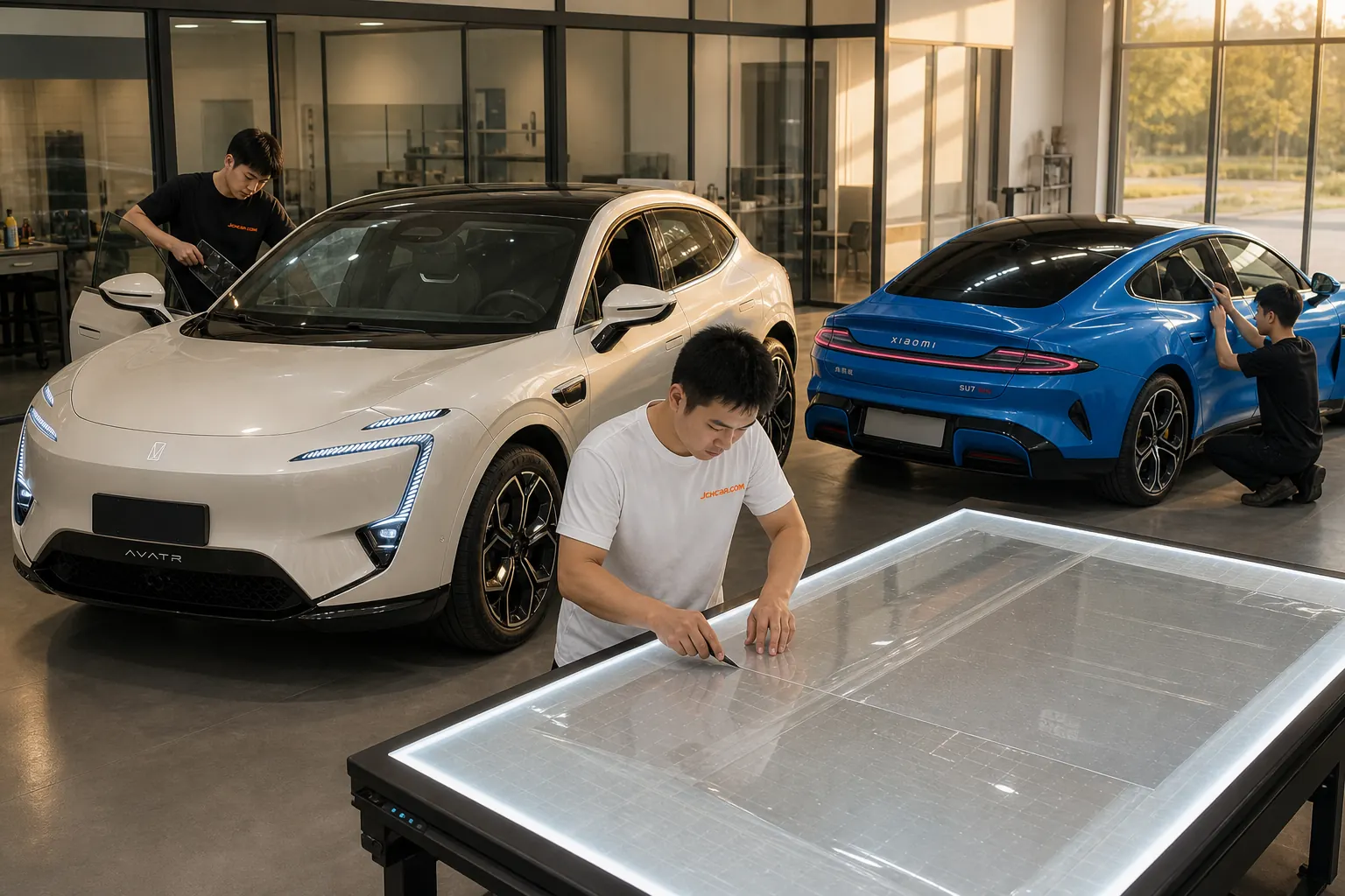 AVATR 11 and Xiaomi SU7 receiving solar film in a glass-partitioned clean lab